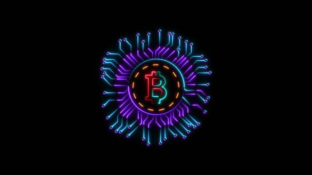 Bitcoin icon animation on technology circle. glowing crypto currency  motion graphics. blockchain stock exchange icon 4k video footage.