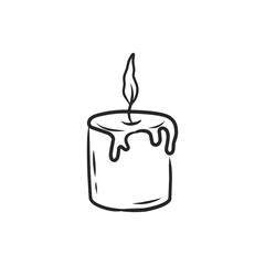 Simple Hand-Drawn Black and White Burning Candle with Dripping Wax Illustration