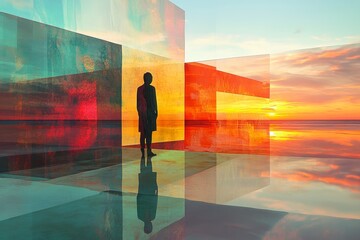 Silhouette of a person stands amidst colorful geometric structures reflecting a sunset.