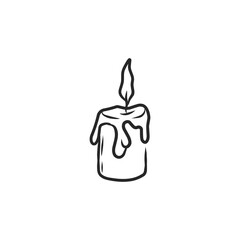 Simple Hand-Drawn Black and White Burning Candle with Dripping Wax Illustration