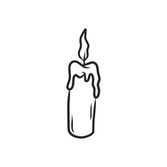 Simple Hand-Drawn Black and White Burning Candle with Dripping Wax Illustration