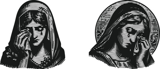  Monochrome lined engraving vector of a sorrowful woman wiping tears, emotional female figure illustration bundle, vintage sketch tearful lady in grief crying hand drawn black art