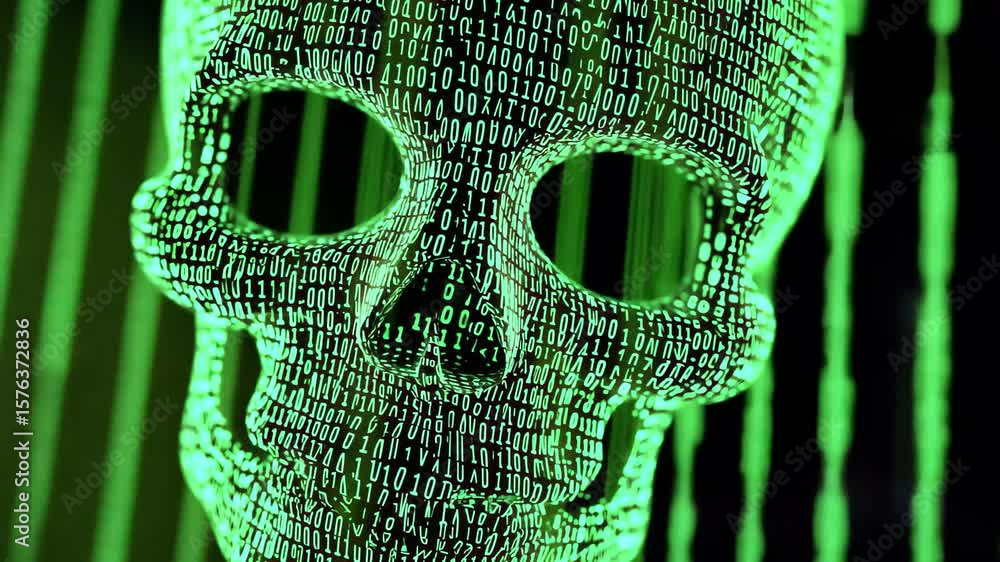 Poster Skull design emanating digital threat with binary code illuminating dark background, Skull made of binary digital code Computer virus or data breach concept Seamless