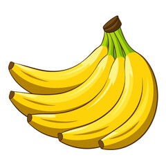 A vibrant cartoon illustration showcases a bunch of ripe yellow bananas complete with green stems and brown tips against a clean white background perfect for