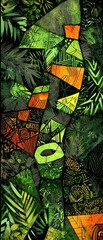 Abstract geometric mosaic art with green orange and brown colors.