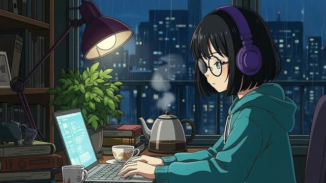 Anime Girl Coding on Laptop During Rainy Night with Headphones and Coffee