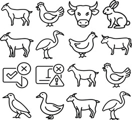 Farm Animals and Error Symbols Vector Icons Outline Style Black and White