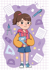 Cute School Girl with Backpack Surrounded by School Supplies – Back to School Illustration