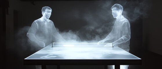 Two ghostly figures sit at a table with smoke or light effect.