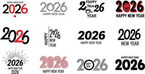 Happy New Year 2026 greetings inscription lettering big set, hand drawn and digital typographic compositions.