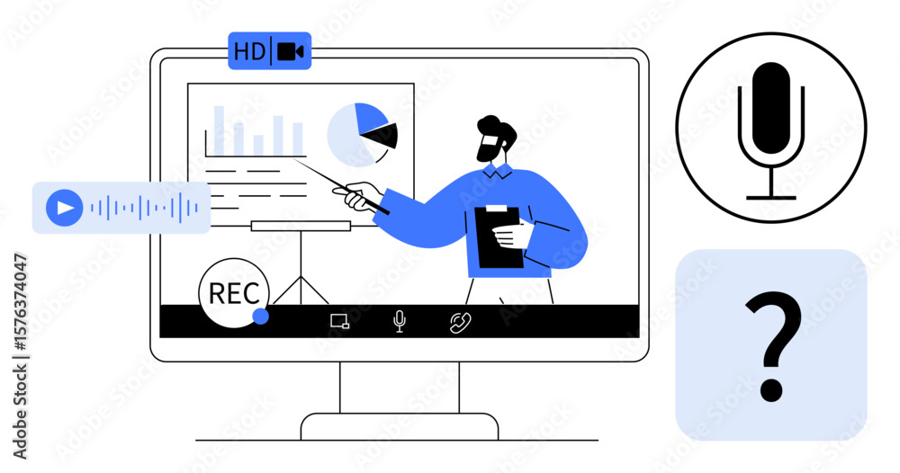 Aufkleber professional delivering a presentation with charts and graphs on monitor. features audio recording, 