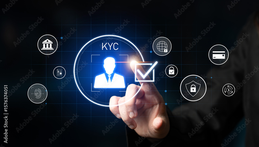 Poster digital kyc verification with biometric scan, id authentication, and financial security icons repres