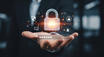 A hand presents a digital lock and password, representing data protection, cybersecurity, and secure online access through encrypted internet systems
