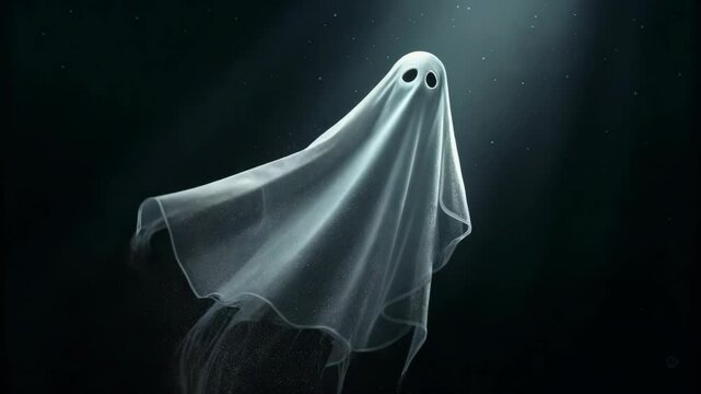 Creepy ghost figure draped in a white sheet, floating in midair against a dark and foggy background.