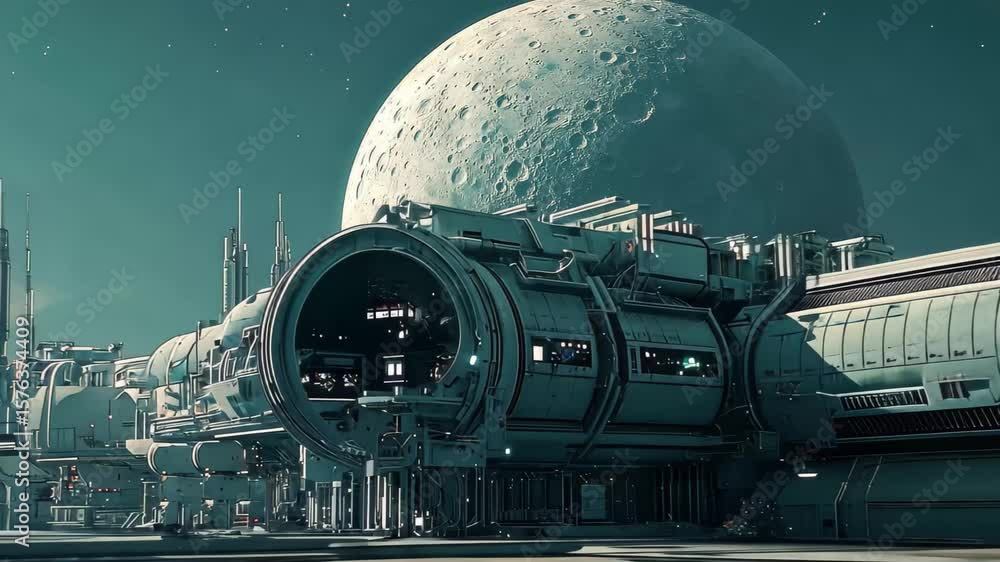 Poster scifi moon base with large moon in background under starry sky at dusk, sci fi moon base with large 
