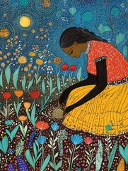 Painting of a woman among flowers under a starry sky with moon.