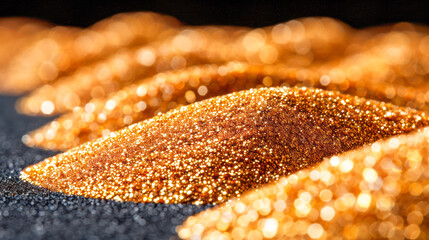 Close-up of shimmering golden glitter piles on a dark surface creating a vibrant visual texture