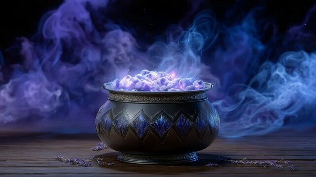Lavender smoke rising from a cauldron creating visions in the air
