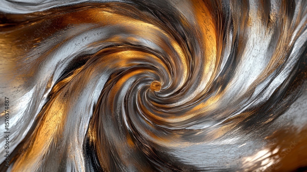 Poster abstract swirling vortex of gold and silver hues, creating a dynamic and mesmerizing visual.