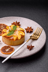 Sweet round pie or tart with apples and peach. Mini sweet tart