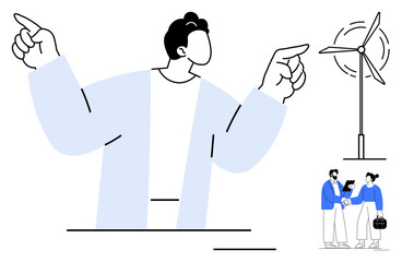 Man gesturing towards a wind turbine as a business team collaborates below. Ideal for energy, teamwork, business solutions, sustainability, renewable resources, innovation, simple flat metaphor