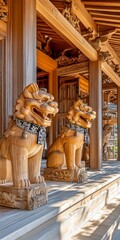 Two stone lion statues guard a wooden structure possibly a temple.