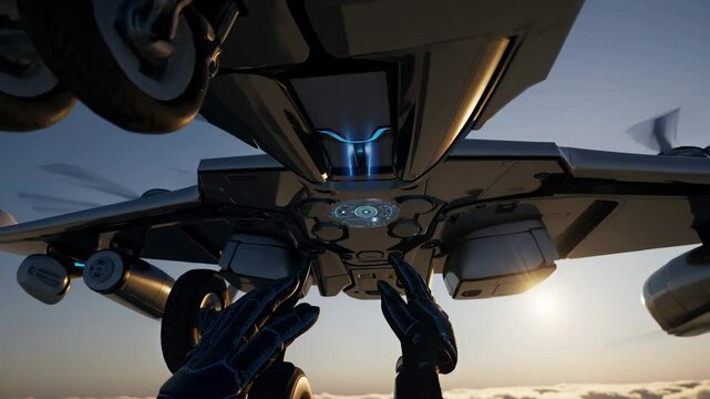 Gloved hands interact with holographic interface during pre flight inspection of advanced aircraft, featuring sleek design and multiple rotors, against a backdrop of wind turbines and sunset sky
