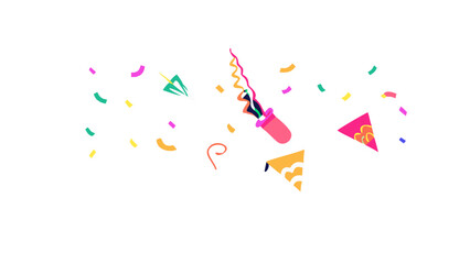 Shiny celebration party accessories on dark background with falling confetti.