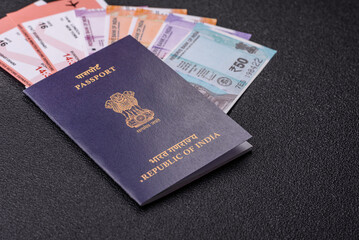 Indian passport and tickets for travelling, flying and doing business. India document, id
