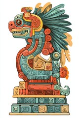Colorful depiction of an aztec or mayan serpent statue on a white background.