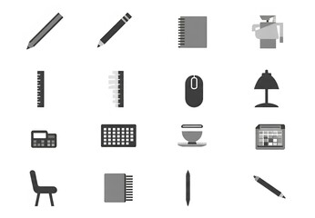 Obraz premium office icon set document, time tracking, Notepad, Mouth, ruler, lamp, calendar, coffee, pen, office chair