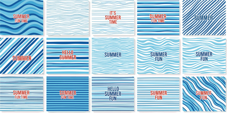Sea ripples water waves marine summer backgrounds set. Uneven deformed hand drawn blue wavy organic doodle curved winding lines, stripes square patterns. Hello it's summer time hand lettering