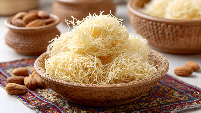 Raw Kadaif Noodles in Decorative Bowl &ndash; Traditional Dessert Preparation with Almonds