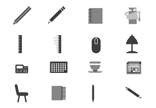 office icon set document, time tracking, Notepad, Mouth, ruler, lamp, calendar, coffee, pen, office chair