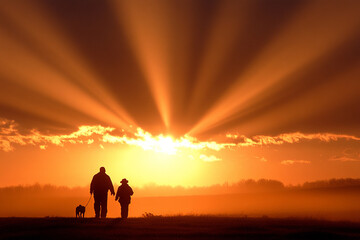 Couple enjoys sunset walk with their dog on a calm evening