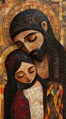 Painting depicts a man embracing a child with a halo in warm tones.