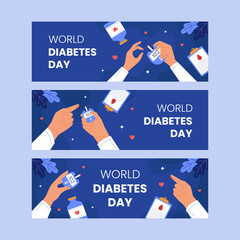Flat design World Diabetes Day horizontal banner template. Clean illustration blood glucose meter, health icons. Perfect for awareness banners, social media, and medical campaigns.