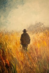 Person with hat walks through golden field in a misty landscape.