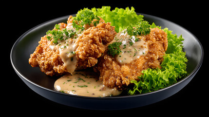 fried chicken creamy gravy lettuce black plate