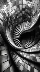Black and white image of a spiral staircase with a tiled pattern.
