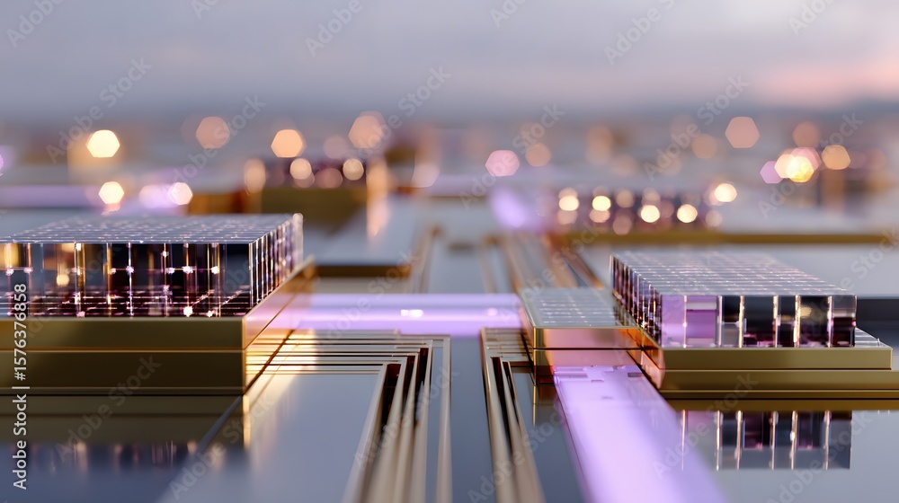 Wall mural abstract view of futuristic circuit board with microchips and glowing lights in soft focus