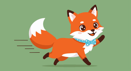 Obraz premium Cute Cartoon Fox Character Running and Waving. Adorable cartoon fox mascot running and waving, wearing a bow tie and backpack. Ideal for children's themes, animal content, and energetic branding.