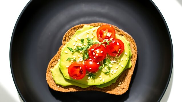Avocado toast with cherry tomatoes and sesame seeds on a black plate with tomatoes aside
