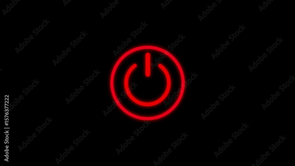 Poster red neon power reset button sign animation neon glowing power button icon animated on a black backgr