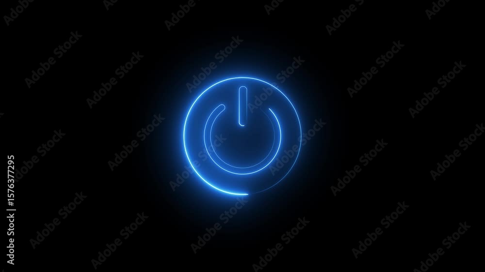 Poster blue neon power reset button sign animation neon glowing power button icon animated on a black backg