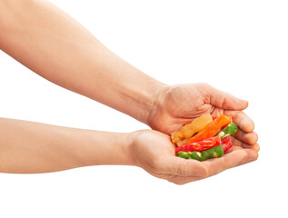 jelly sweets nuts in hand path isolated on white