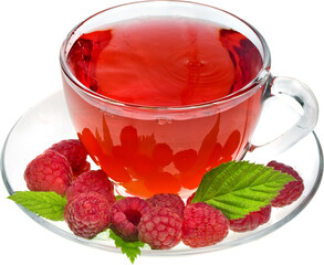 Refreshing red raspberry infused water in a clear glass cup with fresh berries and mint leaves...