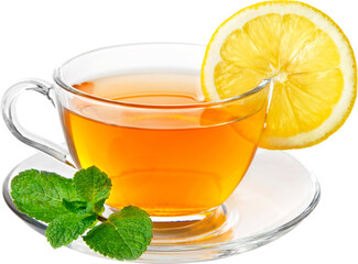Refreshing glass cup of amber tea with a bright lemon slice and fresh mint leaves isolated on...