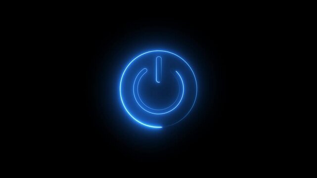Blue Neon power reset button sign animation Neon glowing power button icon animated on a black background.