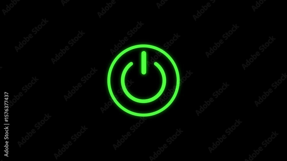 Poster green neon power reset button sign animation neon glowing power button icon animated on a black back